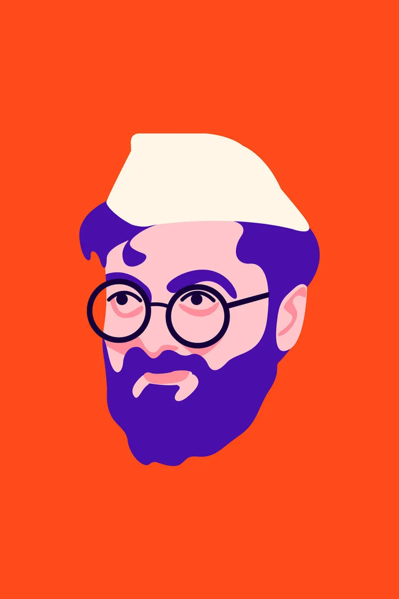 Illustration of Meghnad in a Gandhi topi on an orange background